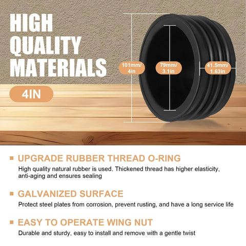 4 inch sewer cleanout cap cover for pipes showing durable materials and dimensions on a wooden tabletop.