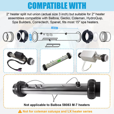 XT Hot Tub Heater split nut union and tailpiece, 2-inch half-slip, stainless steel spa heater components, Amazon brand