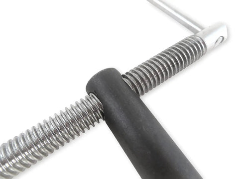 Close-up of Adjustable Inline Bench Dog Screw Clamp For Three Quarter Inch Holes With Full Five Inch Travel, showing metal screw detail.