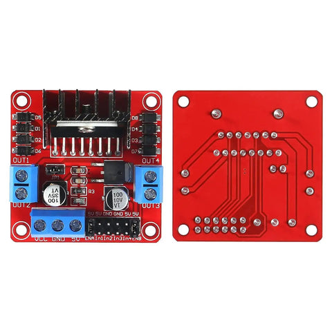 Front and back view of 12 Pack Dual H Bridge Motor Driver Controller Board Module for Arduino Projects with Jumper Wires, red PCB.