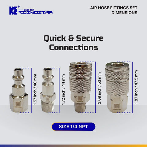 Cosmostar 16-Piece air hose fittings set, 1/4 in NPT quick-connect couplers and plugs, metal swivel fittings