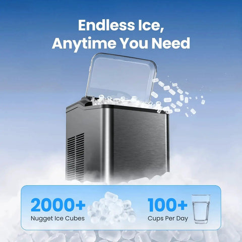 Nugget Ice Maker Countertop 35 Lbs 24H Sonic Chewable Pellets Quiet Stainless in use with ice cubes spilling out