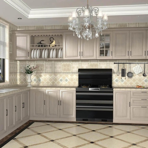 Spacious kitchen with beige cabinets featuring 10 Pack 5 Inch Matte Black Cabinet Pulls For Kitchen Cabinets, Dresser Drawers, And Cupboards.