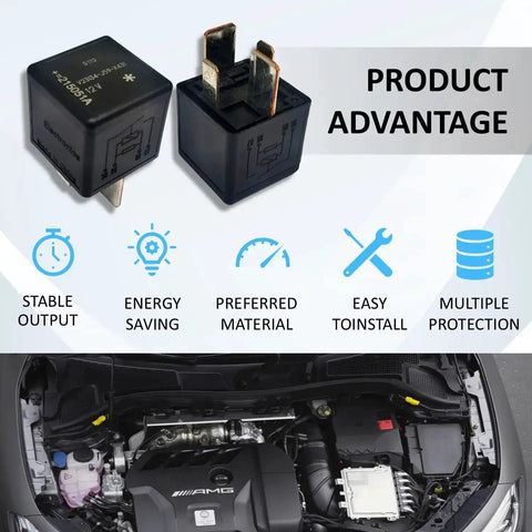 Plug-In Mini ISO Relay General Purpose 12V DC 70A Four Pin Automotive Relay With Supersession V23136 J4 X60 and V23134 J59 X431 J52 D642 for harsh environments and easy installation displayed above car engine with icons showing advantages.