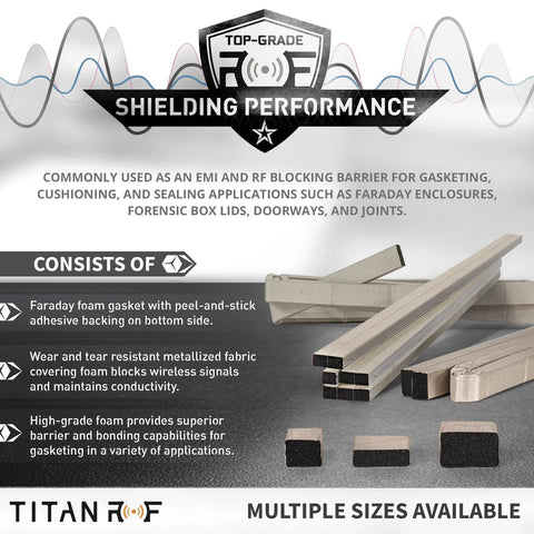 TitanRF Faraday foam gasket strips with adhesive backing, beige foam covered in conductive fabric for RF enclosures
