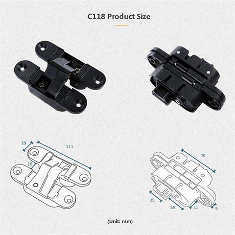 Two Pack Three Dimensional Hidden Door Hinges For Wooden Doors Heavy Duty 180 Degree Inside And Outside Opening Smooth Quiet Operation Rust And Corrosion Resistant Durable Build, showing front and side views with measurements.