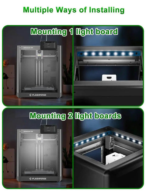 Lit 24V LED Light Kit For Adventurer 5M And 5M Pro 3D Printers showing multiple installation options with light boards