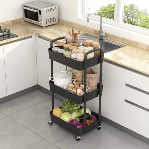 3 Tier Plastic Rolling Utility Cart With Handle For Office Kitchen And Living Room, filled with kitchen items, in a kitchen setting.