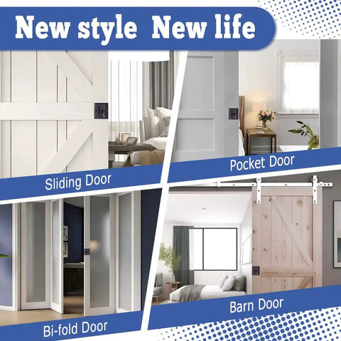 Different styles of doors including sliding, pocket, bi-fold, and barn doors shown in home interiors.