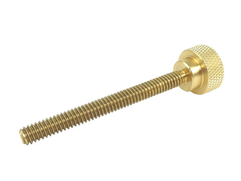 Single brass screw from the Ten Pack 1/4-20 By 2-1/2 Inch Solid Brass Diamond Knurled Thumb Screws, side view.