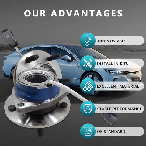 Two Front Wheel Bearing Hub Assemblies 513179 Replacement Kit For Buick Lucerne Century Cadillac DeVille DTS Impala Oldsmobile Aurora Intrigue Saturn Relay shown with illustrated benefits