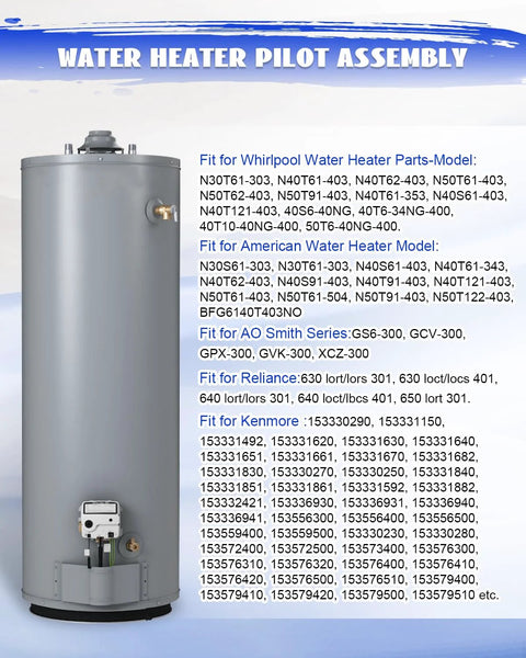 Water heater pilot assembly for Reliance/AO Smith, gray steel tank with brass fittings and white control module