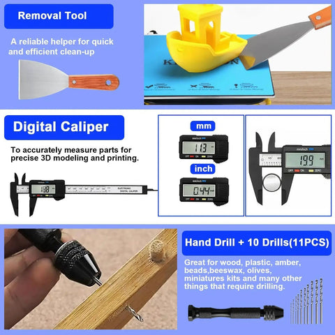 Removal tool, digital caliper, and hand drill from 135 Piece 3D Printer Tools And Accessories Kit With Tool Box Includes Nozzle Cleaning Kit Electric Polishing Deburring Sanding Pens Tweezers Pliers Electric Screwdriver Ruler And More For Makers And 3D Printing Enthusiasts.