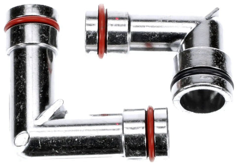 Aluminum Heater Hose Fittings With O Rings Beefy Upper And Lower Aluminum Elbow Connectors Durable Replacement Kit 2 Pack OE Fix Compatible For Select Vehicle Models, showing two aluminum elbow connectors with red O-rings, angled view.