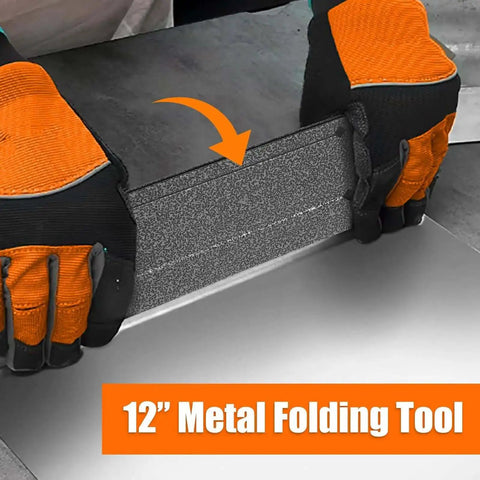 Person using Pro Grade Heavy Duty 12 Inch Sheet Metal Bender Tool With Dual Folding Depths 3/8 Inch And 1 Inch