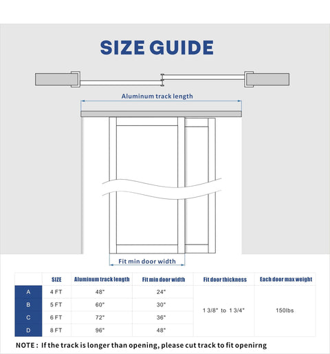 Size guide for 72 Inch Bypass Sliding Door Hardware Kit For Closet Doors with aluminum track length and door dimensions.