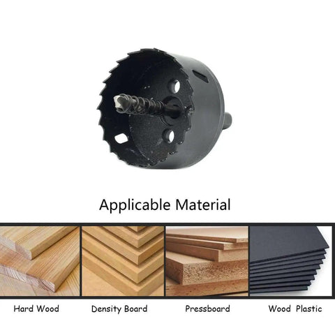 Front view of 70mm Bi-Metal Hole Saw With Triangular Shank For Wood And Plastic, M42 High-Toughness Drill Bit, applicable materials shown