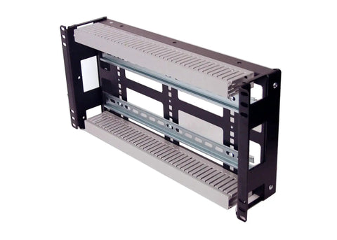 5U Rackmount DIN Rail Panel with 3.78 Inch Low Profile Depth, 14 Gauge Steel, Removable DIN Rail, shown in side view