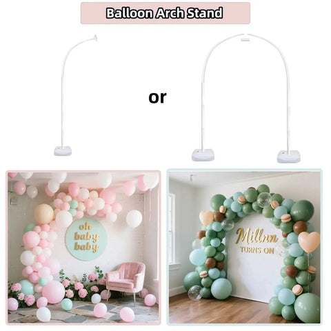 Flexible Balloon Arch Kit With Stand And Base For Events 9 Feet And 5.6 Ft High, shown with pastel balloon designs.