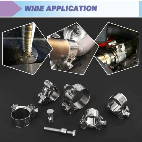 Four Pack 1.05 Inch T Bolt Hose Clamps 304 Stainless Steel Heavy Duty Turbo Intake Clamp With Flanging Design shown in various views.