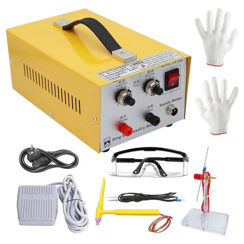 30A Jewelry Spot Welder Machine Handheld Pulse Arc Welder For Gold Silver Platinum And K Gold Jewelry DIY Repair Pro Grade Precision Instant Arc Stable Electrodes Foot Switch Operated shown with accessories including gloves, goggles, and foot pedal
