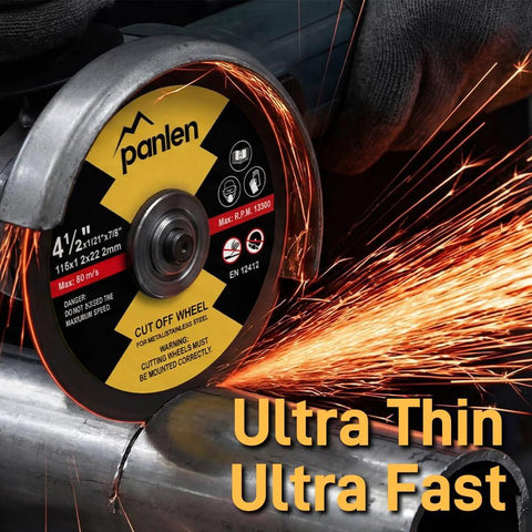 50 Pack 4.5 Inch Thin Cut Off Wheels For Angle Grinder Arbor Seven Eighths Inch Metal And Stainless Steel Cutting Discs Pro Grade Fast Cutting With Aluminum Oxide Grain And Double Fiberglass For Long Life Up To 13300 RPM shown cutting metal
