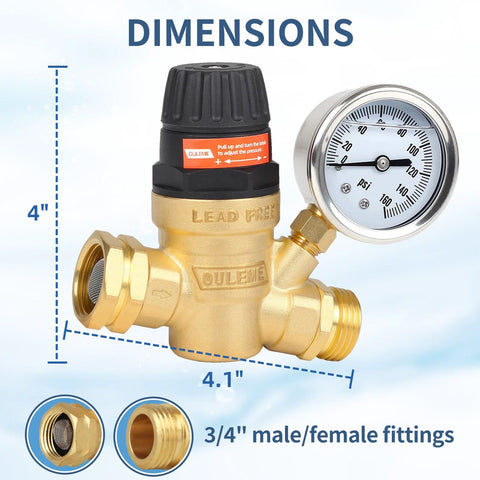 Ouleme RV water pressure regulator with adjustable knob and gauge; brass lead-free body, 3/4-inch fittings.