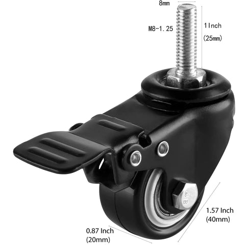 Close-up of a 1.5 Inch Swivel Caster Wheel with Locking Brake, M8x25mm stem, for hardwood floor and carpet, heavy duty 330 lb capacity