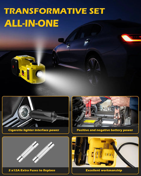 Amazon electric car jack set, yellow 5-ton, 12V with LED light and inflator for sedan, SUV, truck.