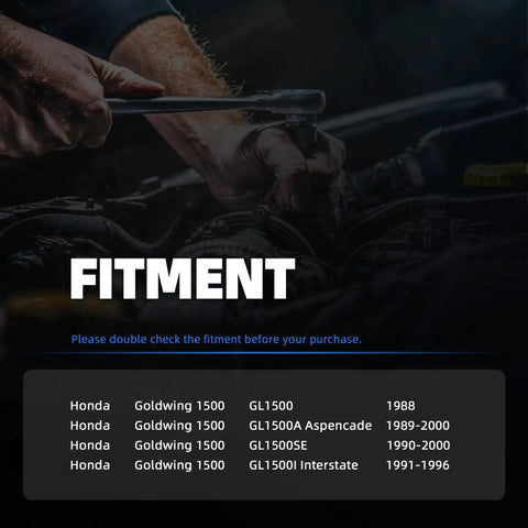 Person using wrench on engine with text: Fitment chart for Honda Gold Wing 1500, GL1500 Aspencade, SE, Interstate 1988-2000