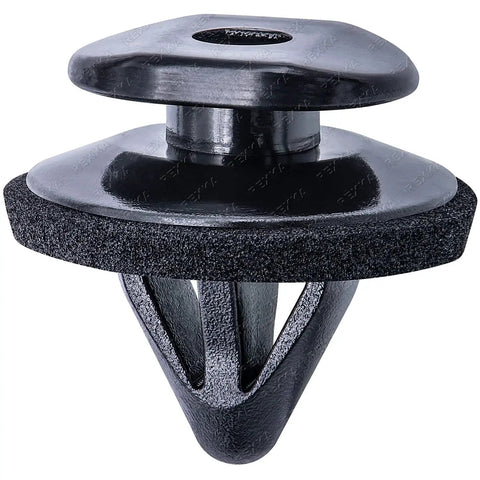 Close-up of single black clip from 10 Piece Fender Rocker Garnish Pillar Trim Clip Set With Sealer For Subaru Vehicles Including Forester Impreza Legacy Outback WRX Tribeca And Ascent 909130088 909130109 Replacement Molding Clip Retainers.