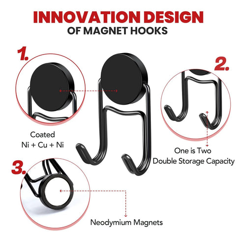 Heavy Duty Magnetic Hooks 50 Lbs Plus Set Of Four Swivel Hooks design showing Ni+Cu+Ni coating and neodymium magnets