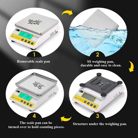 Digital Precision Lab Scale Ten Kilogram 0.1 Gram With 13 Unit Conversions showing stainless steel pan and LCD display