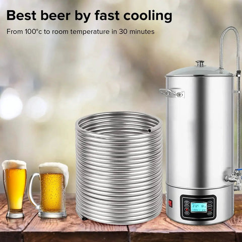 3/8 Inch By 50 Foot 304 Stainless Steel Immersion Tubing Coil next to brewing equipment and beer, for DIY homebrewing projects.