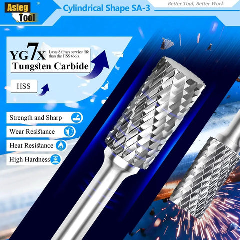 Image of Premium Tungsten Carbide Burr Rotary File Cylindrical Double Cut For Die Grinders And Drills, highlighting YG7X material.