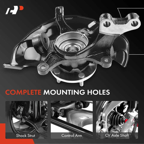 Front Left Steering Knuckle And Wheel Bearing Hub Assembly Fits Toyota Camry XLE SE And Lexus ES330 2004 Through 2006 Driver Side Drop In Replacement Direct Fit shown with complete mounting holes, control arm, and CV axle shaft connections.