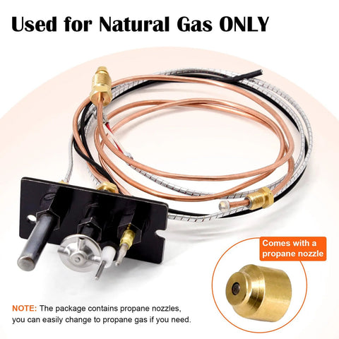 Hiorucet natural gas 3-way pilot assembly kit for fireplaces, copper tubing with brass fittings and thermocouple