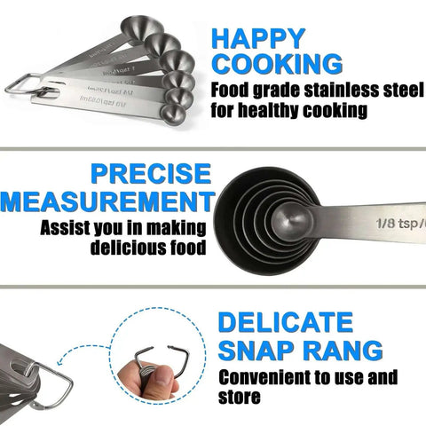 Must Have Sturdy Stainless Steel Measuring Spoons Set Of 6 With Metric And US Measurements, close-up with highlighted features