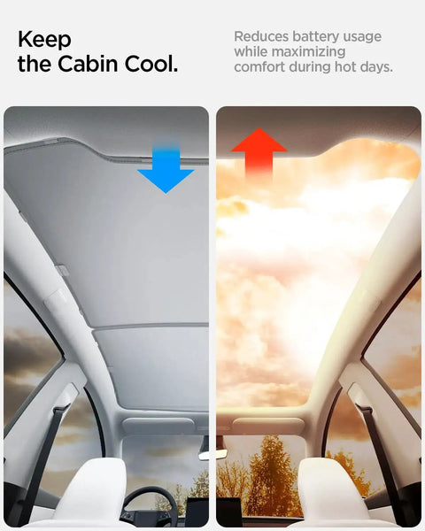 Installed Double Layered CryoShade Roof Sunshade For Tesla Model Y Juniper 2025 2026 showing cooling effect