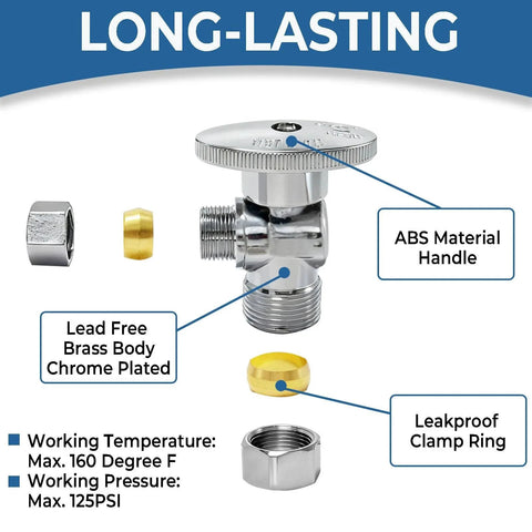 Angle Stop Valve One Half Inch Nominal Compression Inlet To Three Eighths Inch Compression Outlet Quick Install Quarter Turn Water Shut Off Valve For Toilet And Faucet Plumbing Lead Free Brass One Pack with labeled parts
