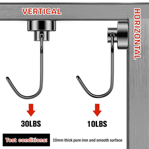Diagram showing weight limits for hooks on steel frame, displaying 30 lbs vertically, 10 lbs horizontally, with test conditions noted.