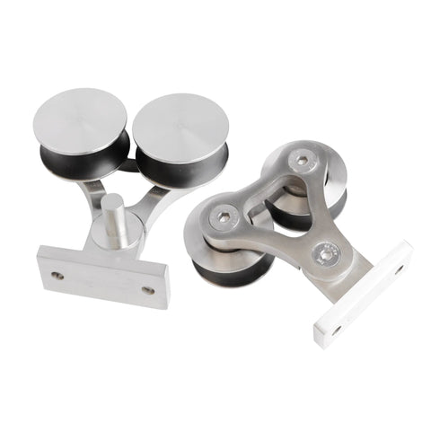 Apex Stainless Steel Sliding Barn Door Hardware Kit 8 Foot Track Double Door Kit with top mount rollers close-up view