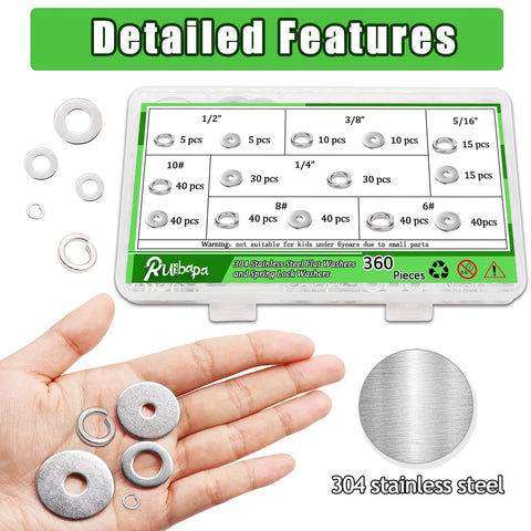 Ruibapa 360-piece stainless steel flat and spring washer kit, 7 SAE sizes for bolts (1/2, 3/8, 5/16, 1/4, 10#, 8#, 6#).