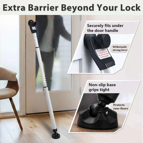 Heavy Duty 3 In 1 Door Security Bar With High Strength Steel And Anti Slip Rotating Base Built To Last Adjustable Up To 46 Inches displayed by a door