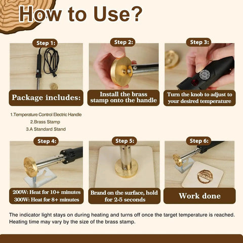 Instructional image showing how to use Personalized Branding Iron For Wood And Leather With Stand Electric Logo Stamp Kit.