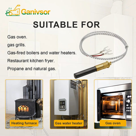 Ganivsor 24 inch thermopile with braided cable, probe, and two spade terminals; front view for gas ovens and water heaters