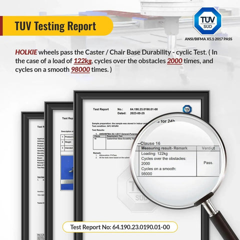 TUV test report for HOKIE wheels highlighting cycle durability with magnifying glass over the text, showing passing status.