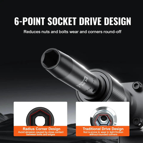 6-point socket drive design with radius corner design reducing wear, part of Half Inch Drive Impact Socket Set, 65-Piece SAE And Metric.
