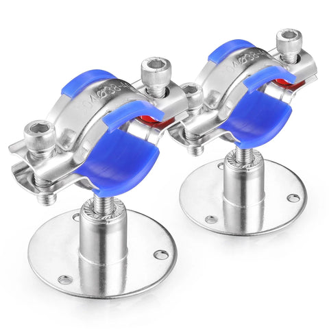 Two Six Pack 304 Stainless Steel Wall And Ceiling Pipe Mount Supports For 38 To 40 Mm OD Pipes with adjustable height and clamps.