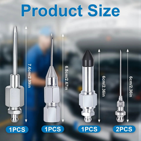 Chrome grease gun needle set, 5 pieces including long needle, tip, rubber coupler adapter, detachable tip, two nozzles